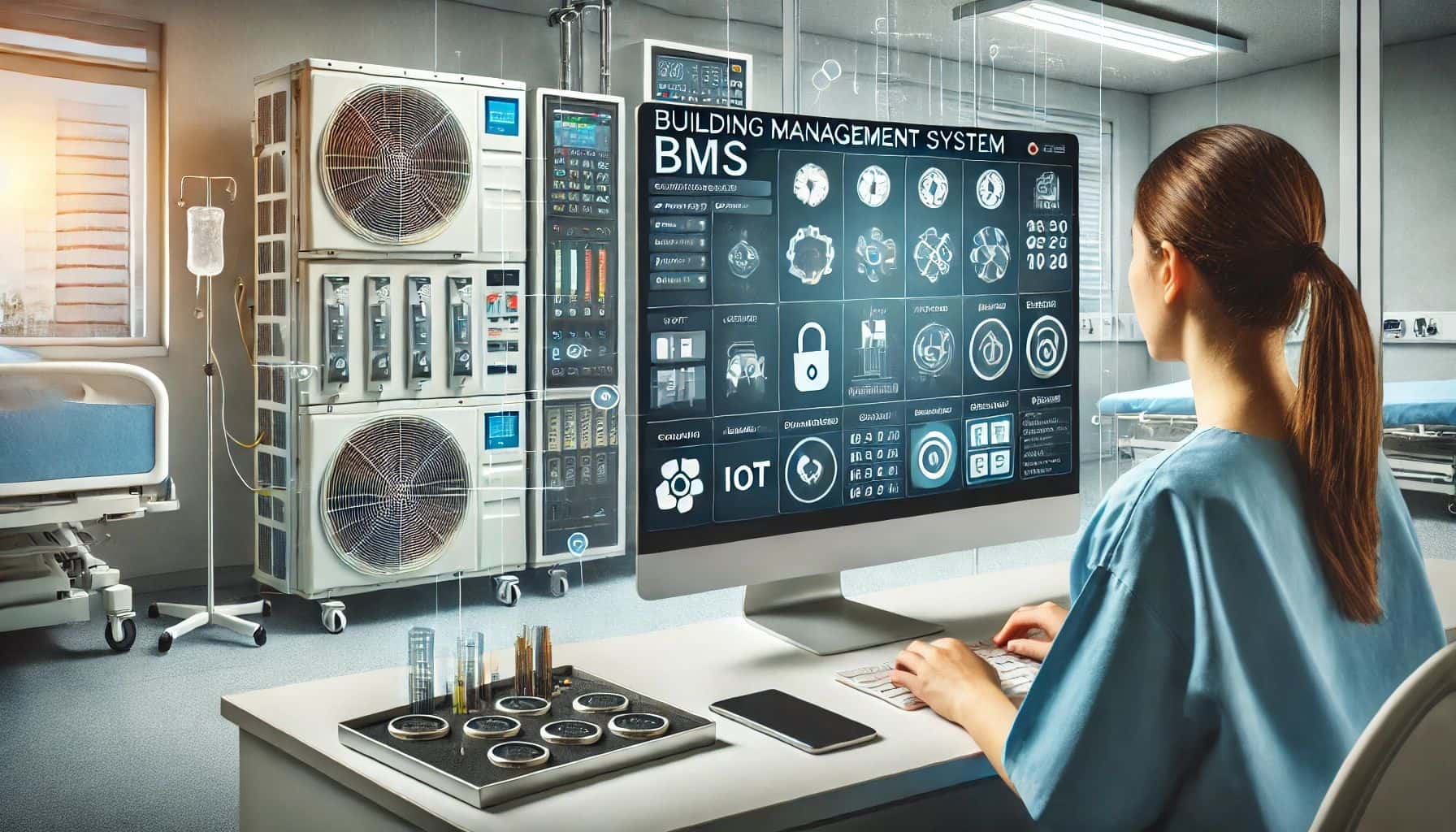 Technician monitoring a digital BMS dashboard for hospital HVAC performance
