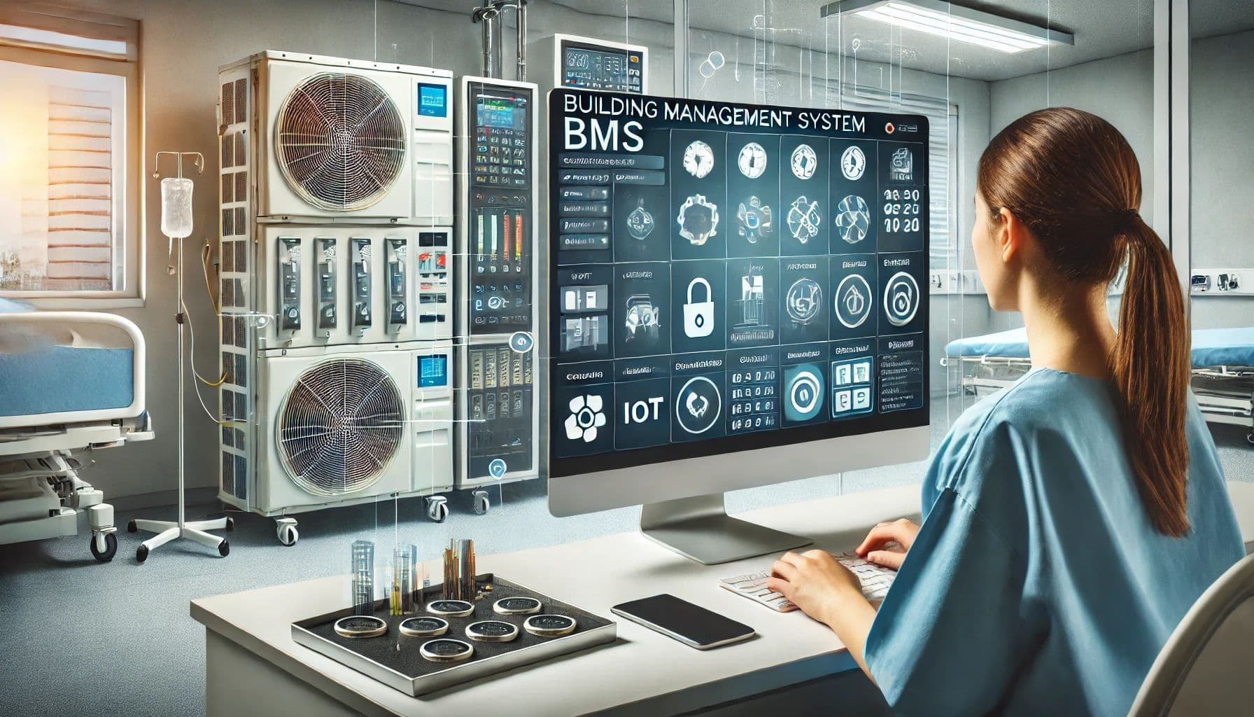 Technician monitoring a digital BMS dashboard for hospital HVAC performance