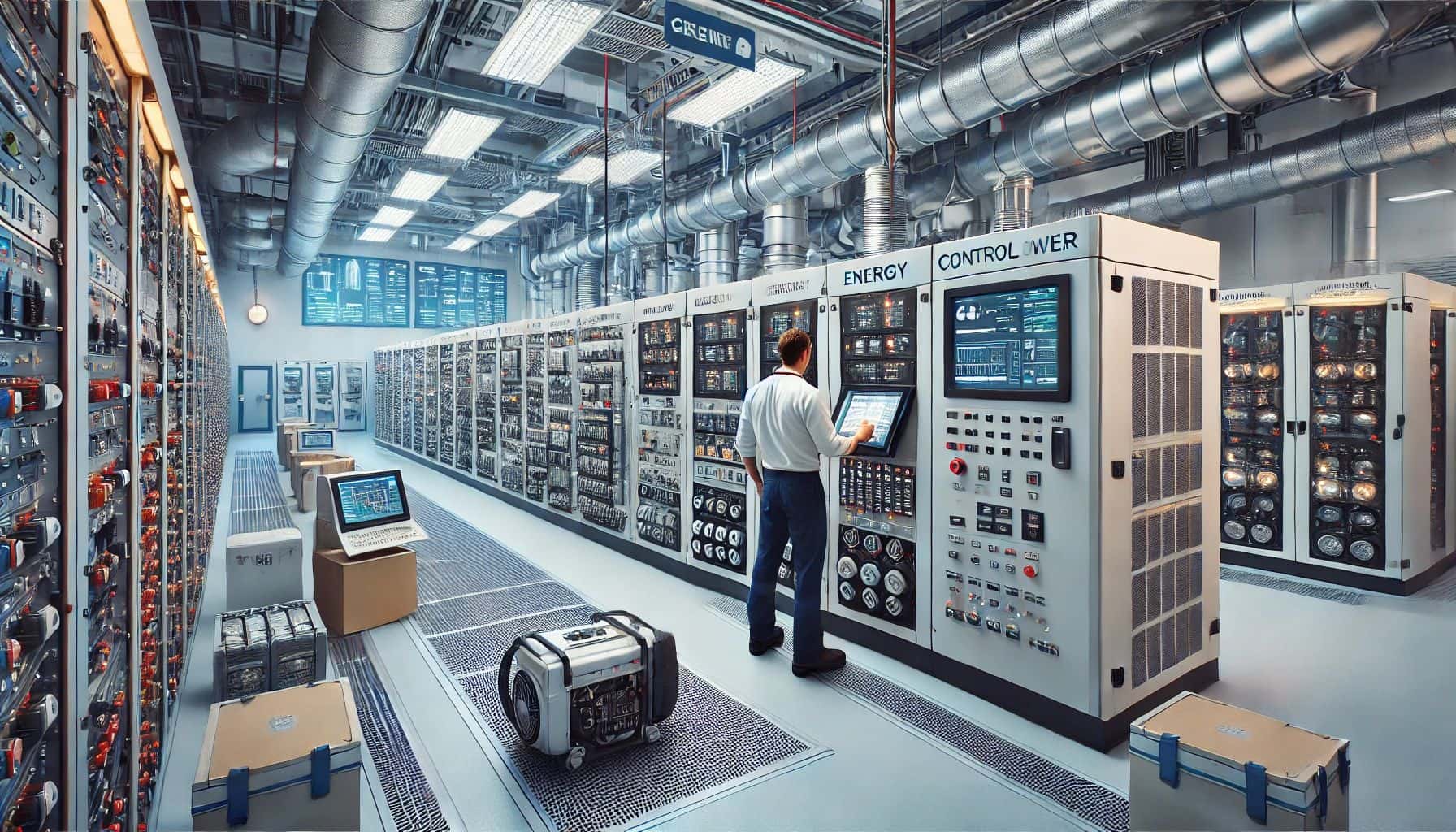 Hospital engineer inspecting a backup generator for emergency power preparedness